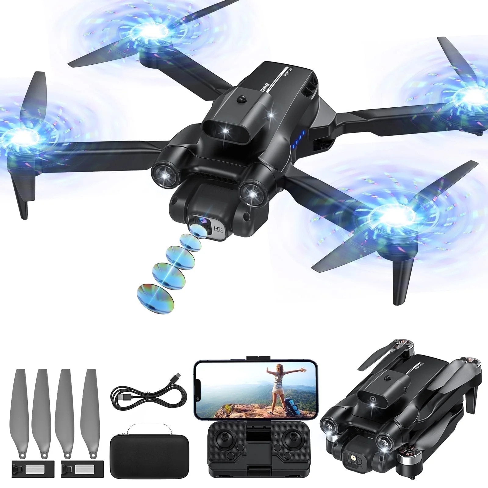 1080P Drone 4-Way Obstacle Avoidance 30Min Flight Time Foldable Gesture Control