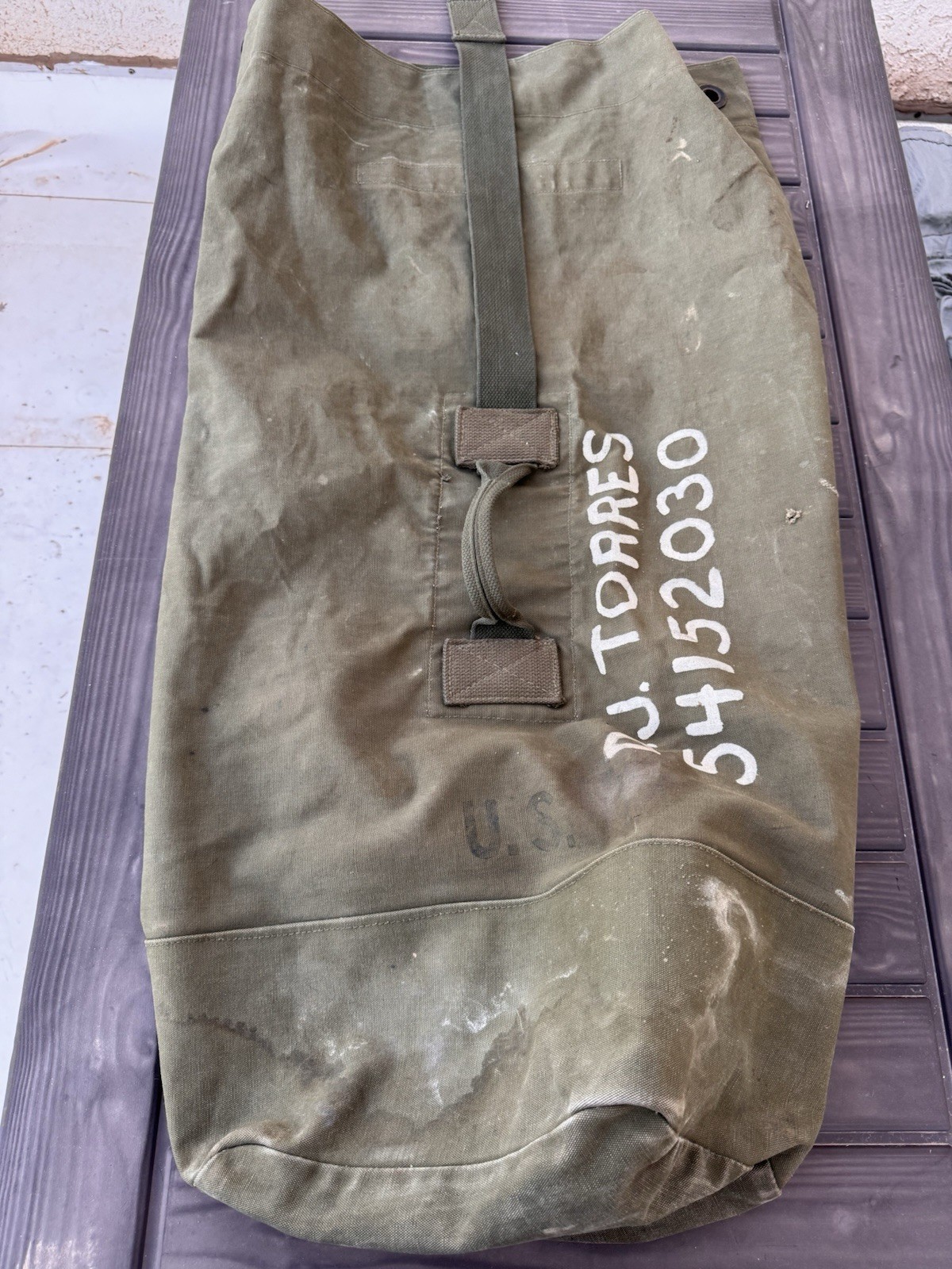 US Military Korean War Duffel Bag BUS Army Green Canvas Duffle 1 strap name/unit