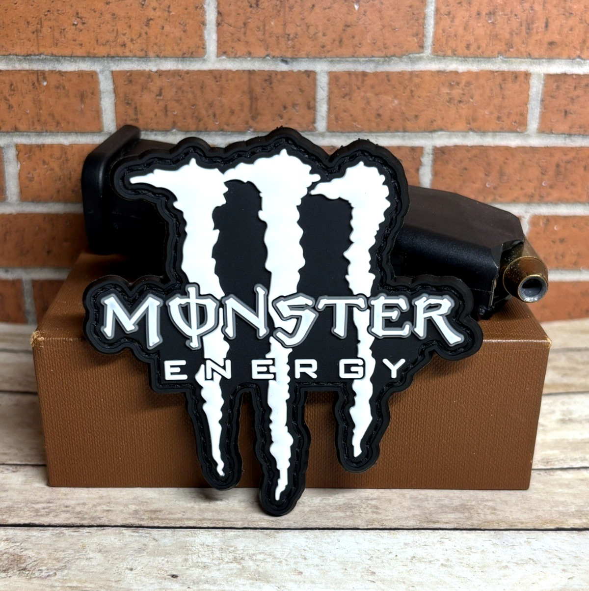 PVC Tactical Patch - White Monster Energy Patch - Morale Patch - Hook Backed