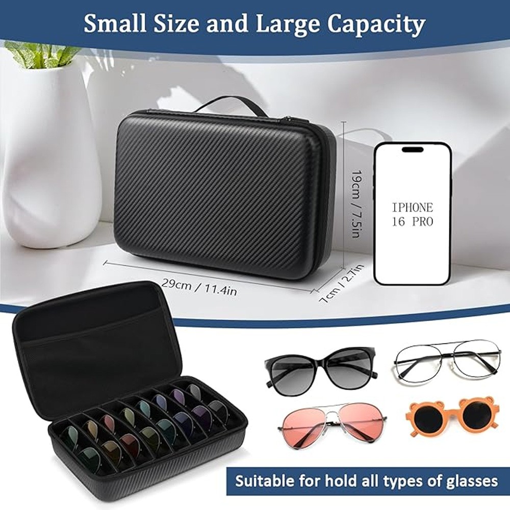 Travel Sunglasses Organizer​,​ Hard Shell​ Sunglass Case Adjustable 8 Slots Case