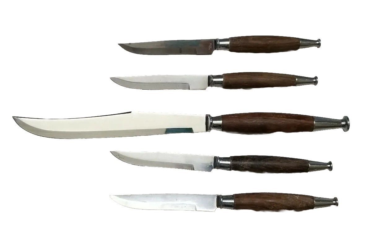 ✅VTG Mid Century Stainless Carving Knife & 4 Steak Knives Wood Handles Japan MCM