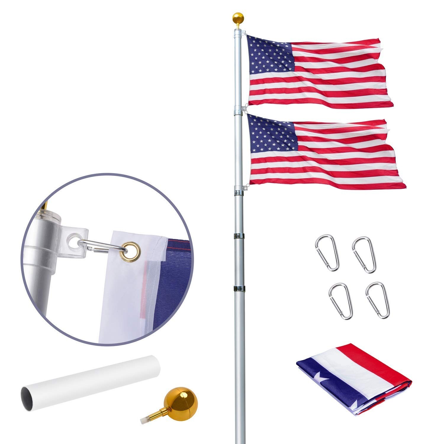 14 Gauge Telescopic Flag Pole Kit, 30Ft Heavy Duty Aluminum Telescoping Flagp...