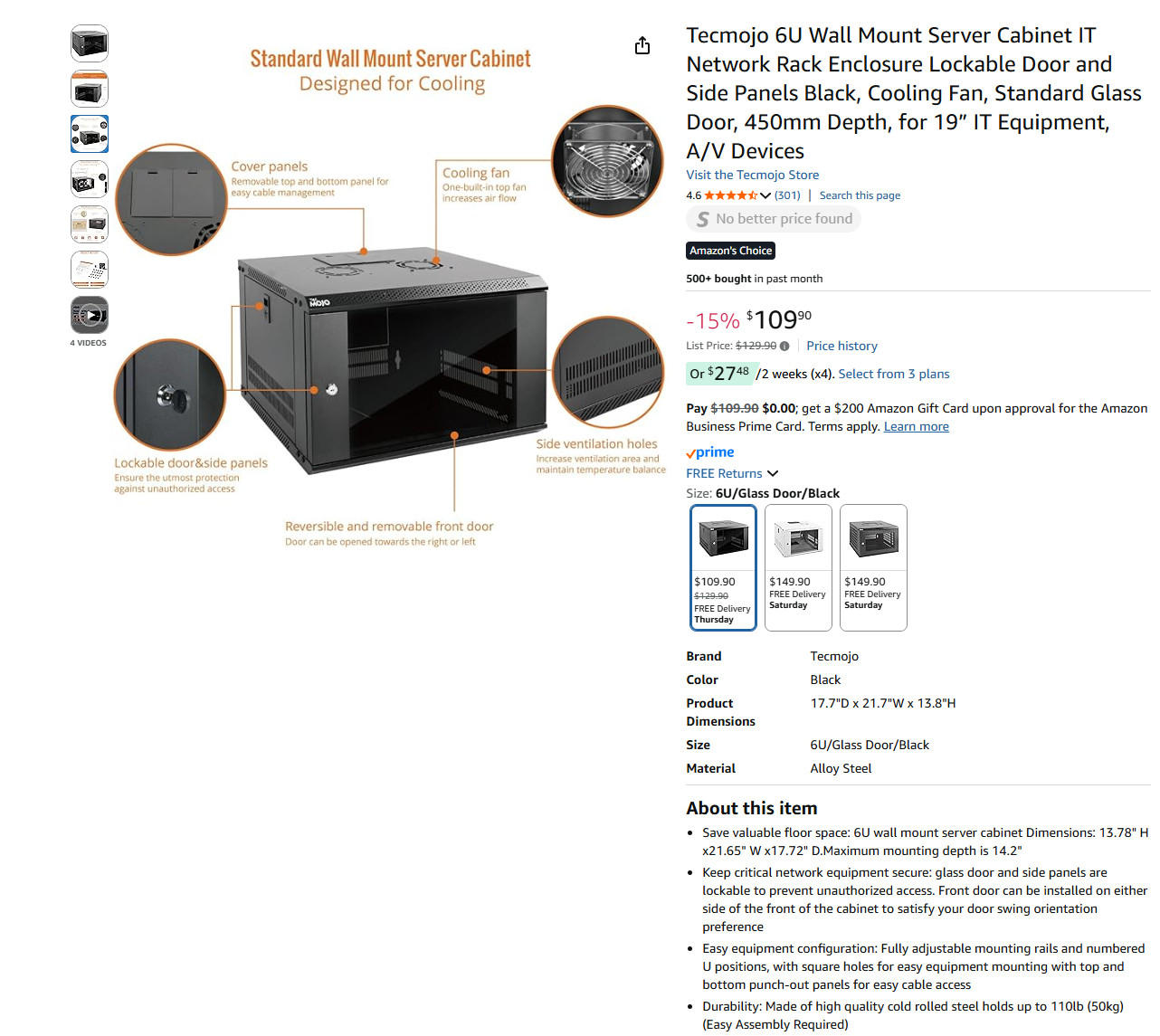 Tecmojo 6U Wall Mount Server Cabinet IT Network Rack Lockable Door #3675P T5
