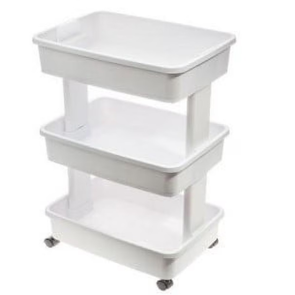 Plastic Rolling Laundry Cart with Wheels 3 Tier Foldable Storage Hamper White