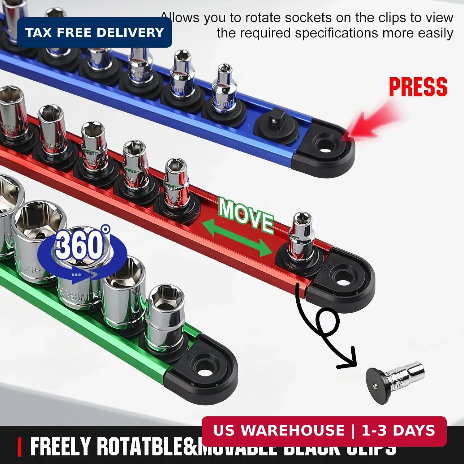 Magnetic Socket Organizer Set | 1/4" 3/8" 1/2" Socket Rail with 120 Clips | 9PCS