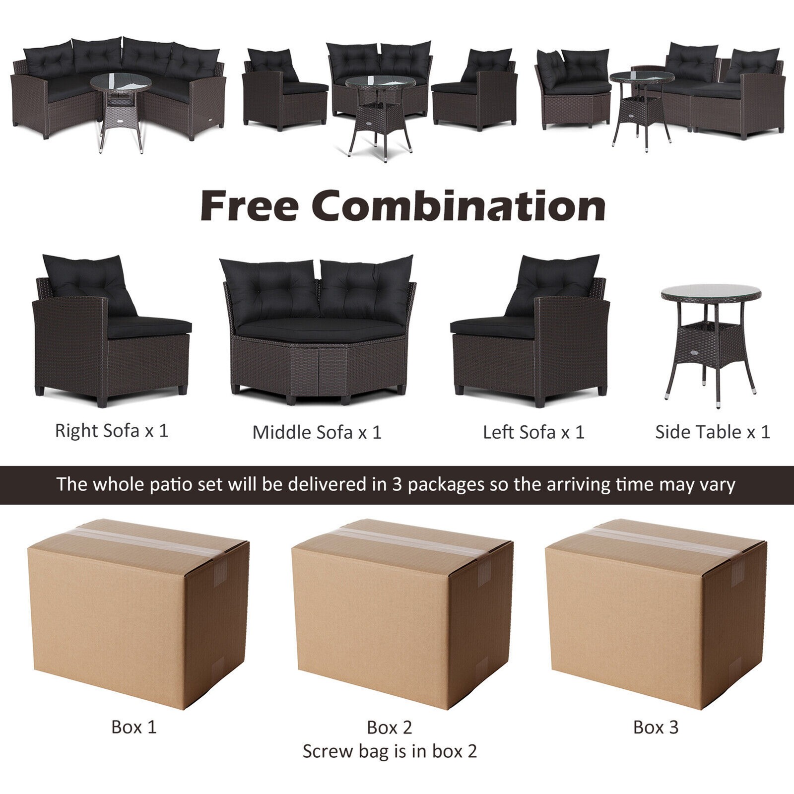 4PCS Wicker Patio Sofa Set Rattan Outdoor Furniture Set w/ Black Cushions