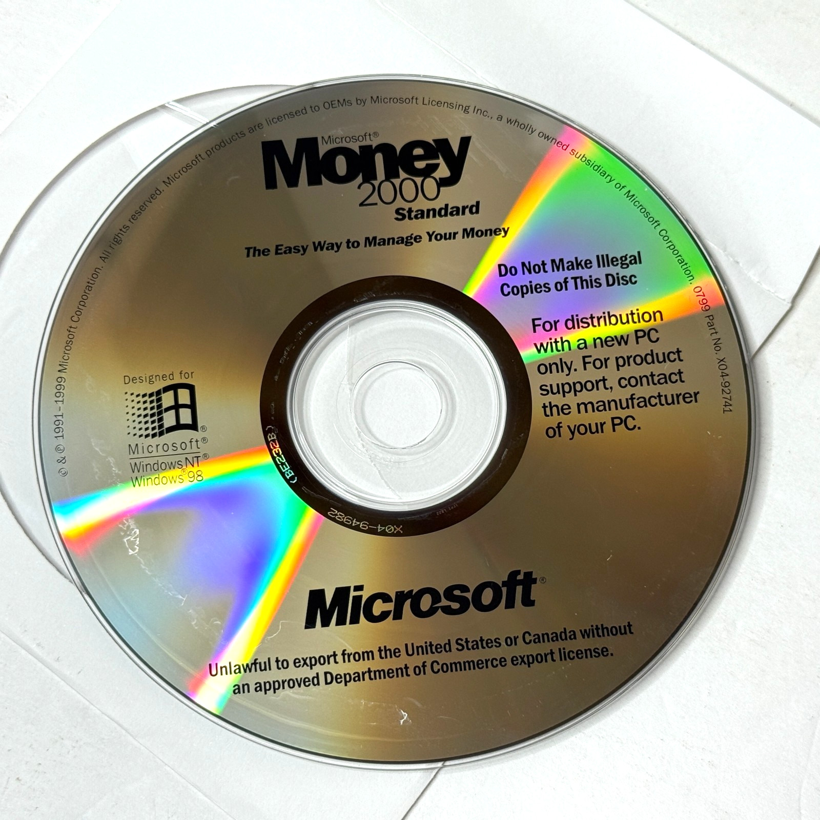 Microsoft Money 2000 Standard Disc Only Windows 98 NT Software CD-ROM PC *B2G2*