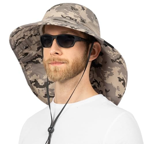 Wide Brim Sun Hat with Neck Flap, UPF50+ Hiking Safari One Size Gray Camo