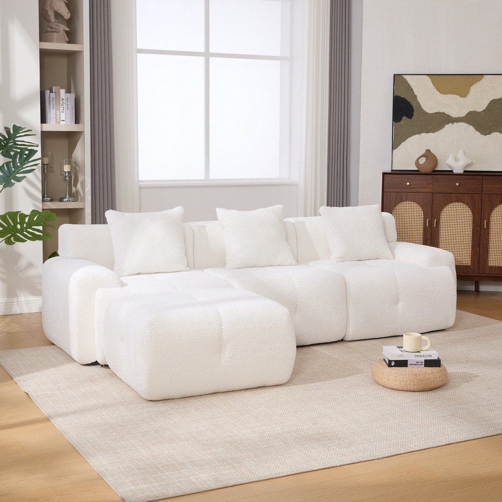 104.3" L-Shaped Modular Sectional Sofa w/ Ottoman & Pillows, Ivory
