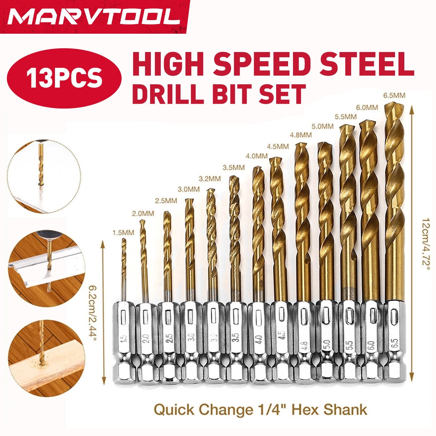 Marvtool Drill Bit 13Pcs HSS Titanium Coated Twist Drill Set Hex Shank 1/4"