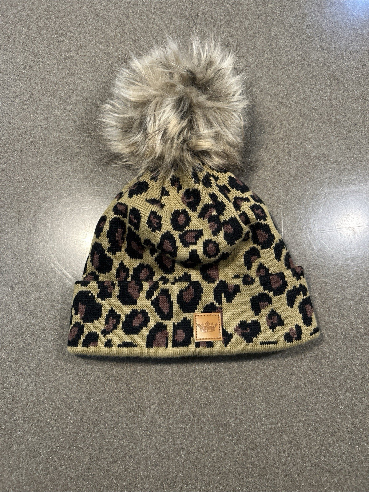 New Panache Knits Beanie Hat Womens One Size Brown Black Snow Leopard Pom Hat