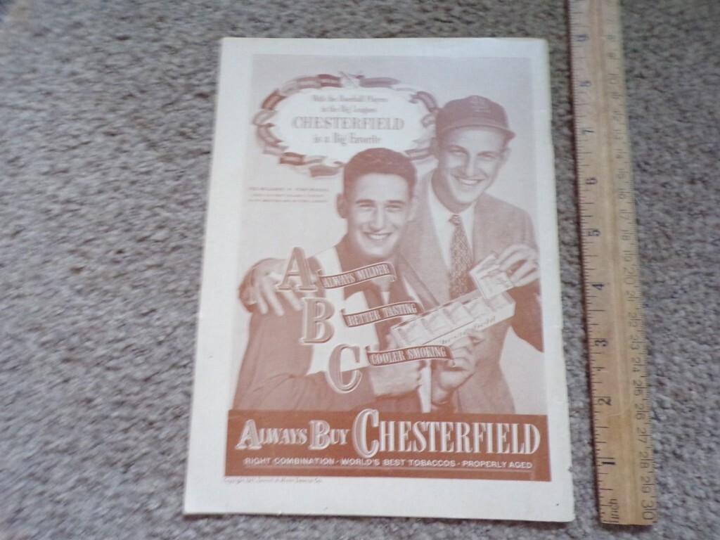 1947 Chesterfield Cigarettes Ted Williams Stan Musial Baseball Vintg Magazine Ad