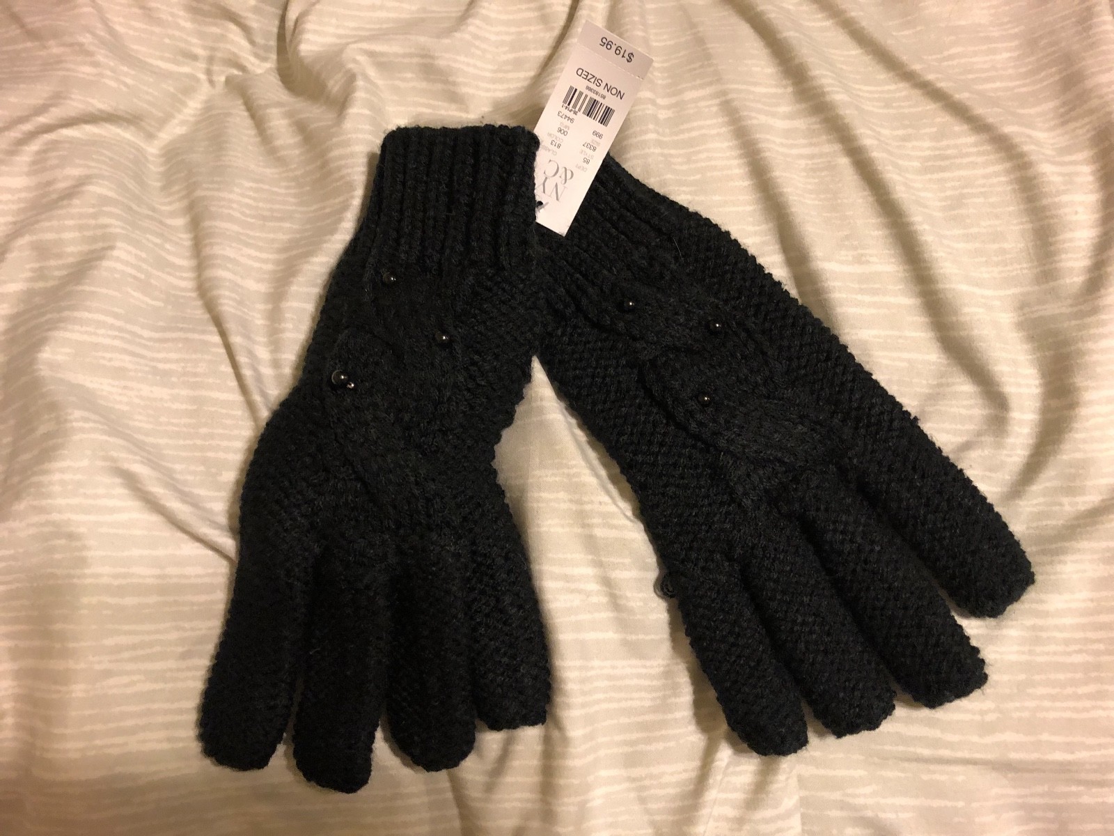 New York & Company Solid Black Knit Gloves with Black Pearl Beads One Size NWT
