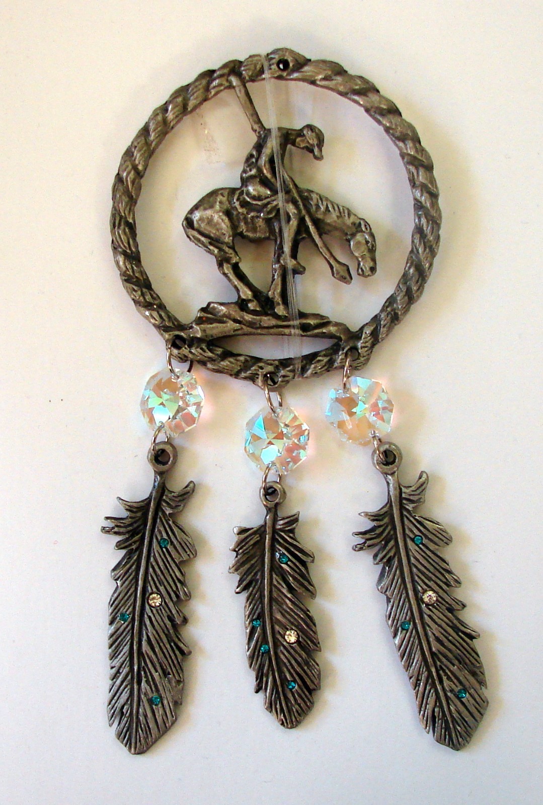 NEW* HANGING 6 INCH "END OF TRAIL" PEWTER SUN DREAM CATCHER WITH CRYSTALS