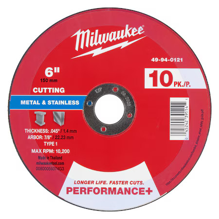 Milwaukee Tool 49-94-0121 Cut-Off Wheel, 7/8" Sz, 6" Dia., Pk10