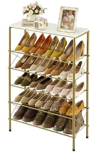 6 Tier Shoe Rack Organizer for 20-24 Pairs of Shoes, Metal 6-Tier White & Gold