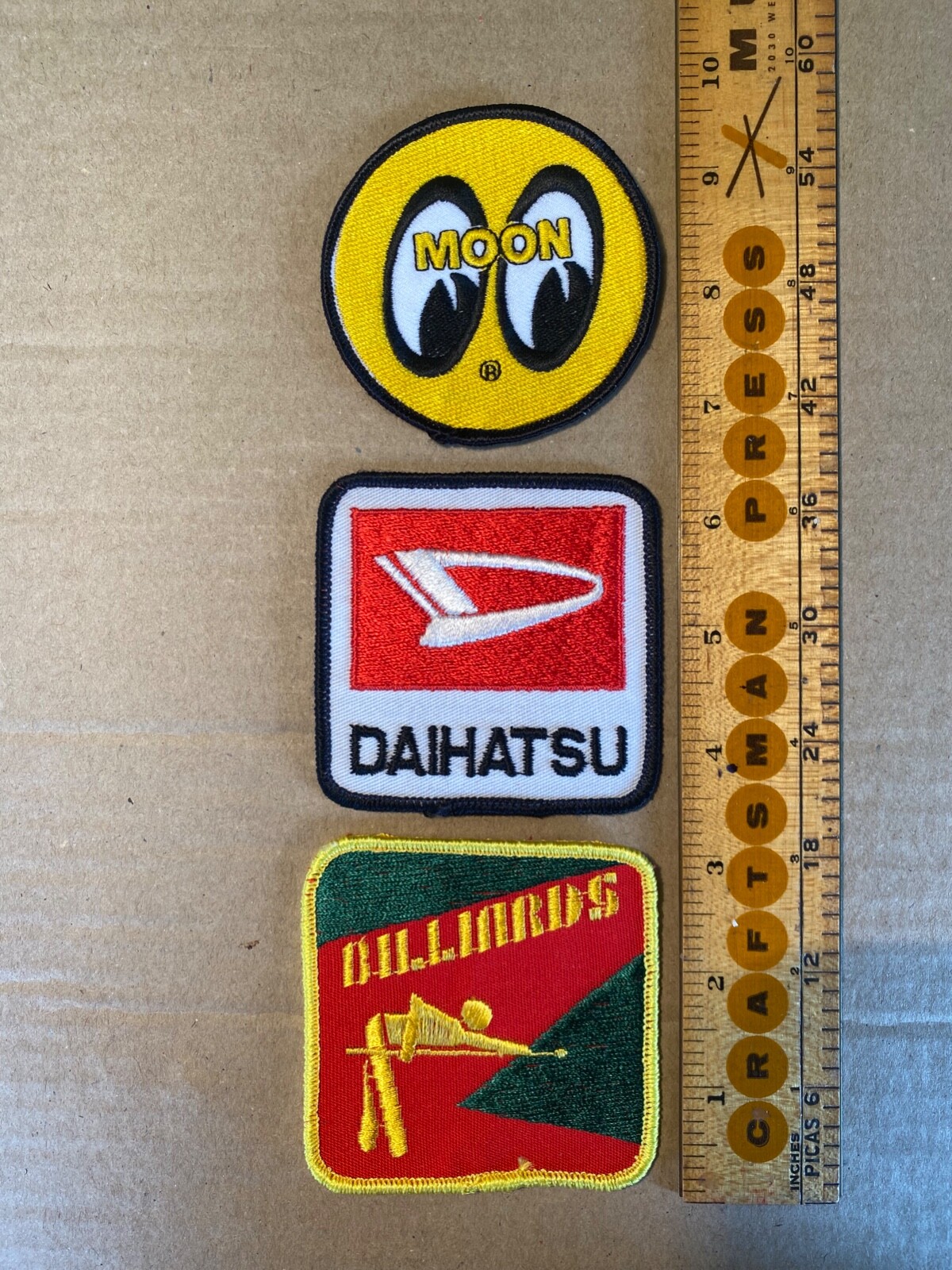 Lot of 3 Embroidered Automotive Patches Mooneyes, Daihatsu, Billiards