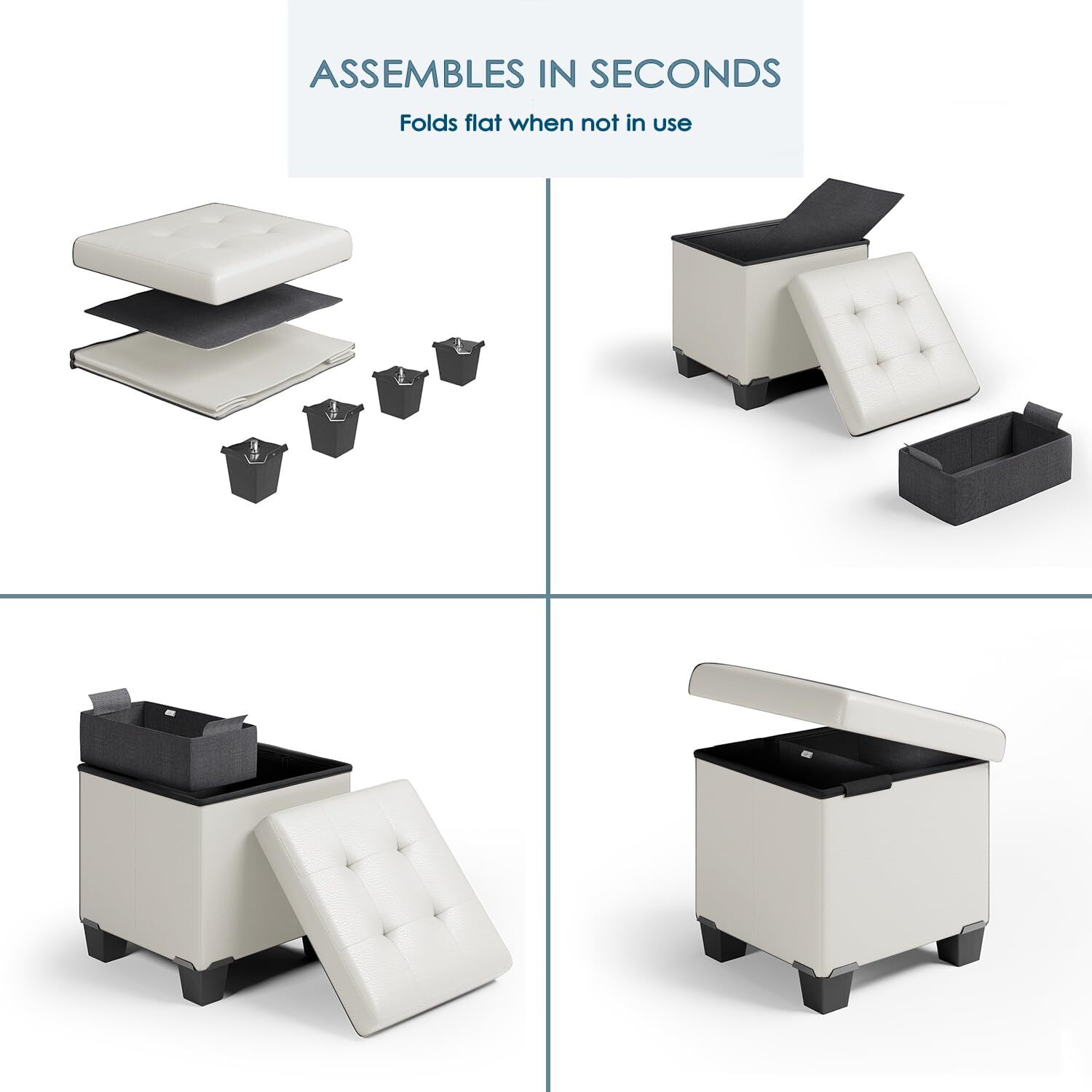 Storage Ottoman Cube with Bin, 15-In Square 15 Inch, White Leather