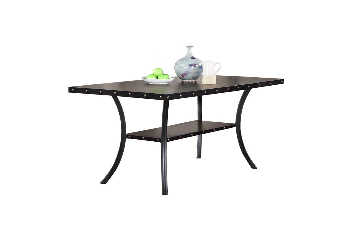 One natural wooden rectangular dining table with nail heads and storage racks