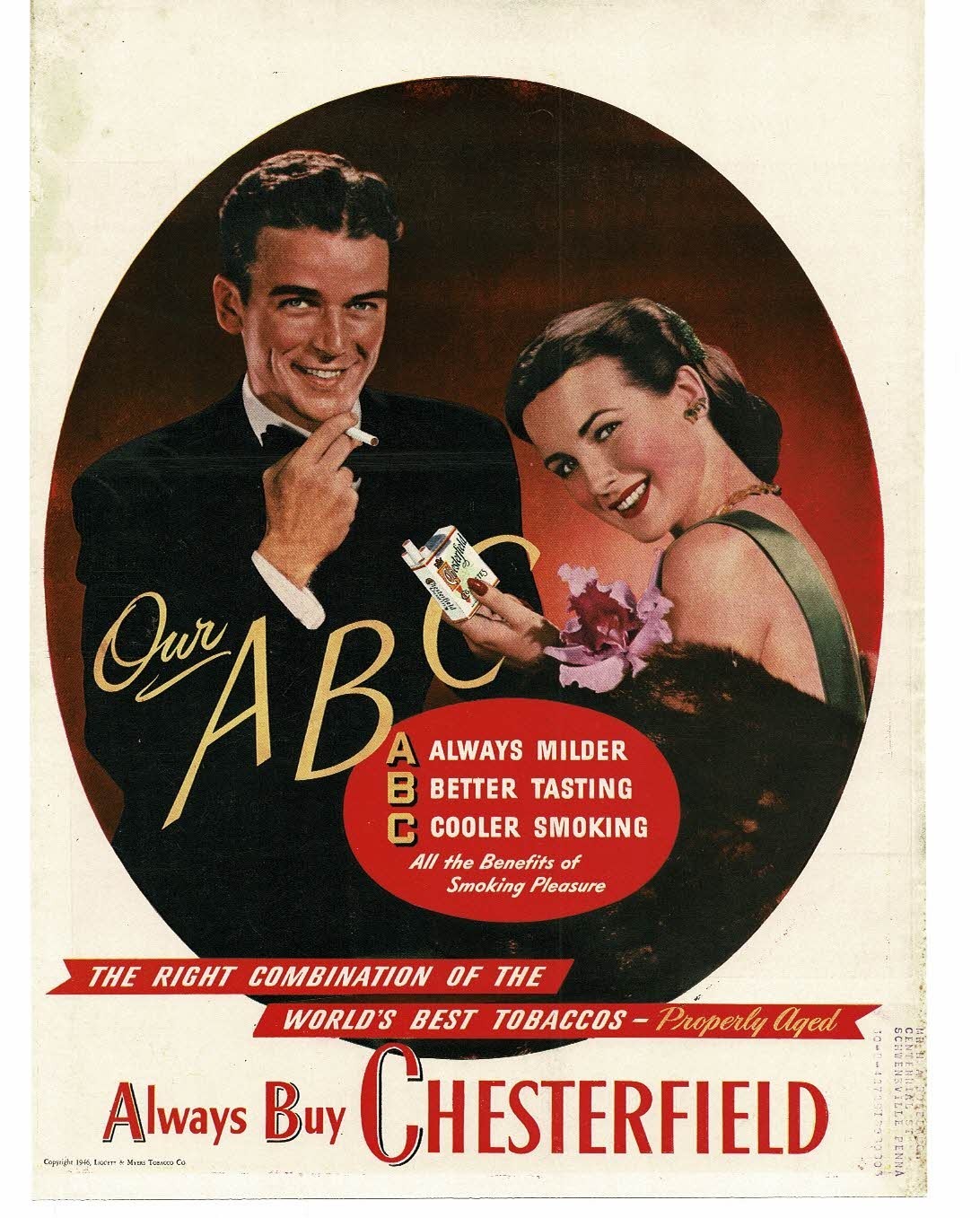 1946 Chesterfield Cigarettes ABC Man in Tuxedo Woman in Evening Dress Print Ad 2