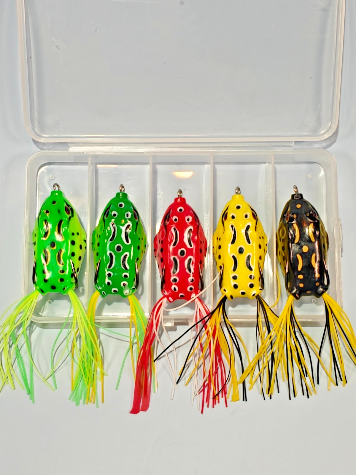 Five Frog Lures Kit box for fishing. Two Hooks Soft Bait Bass Trout Tackle