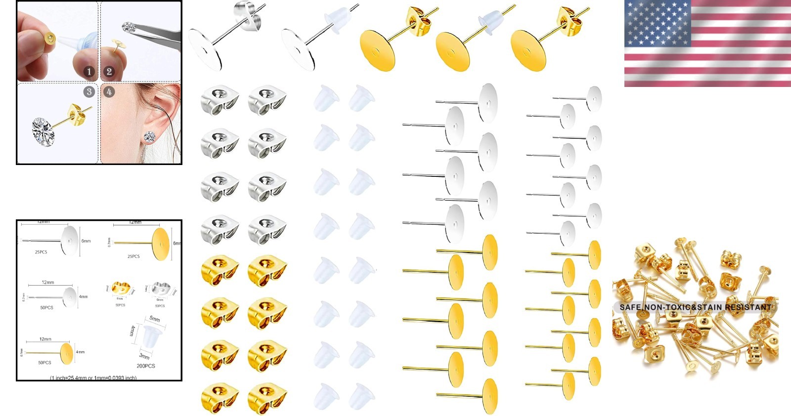 Versatile 450PCS Earring Posts and Backs Set - Hypoallergenic for Sensitive Ears