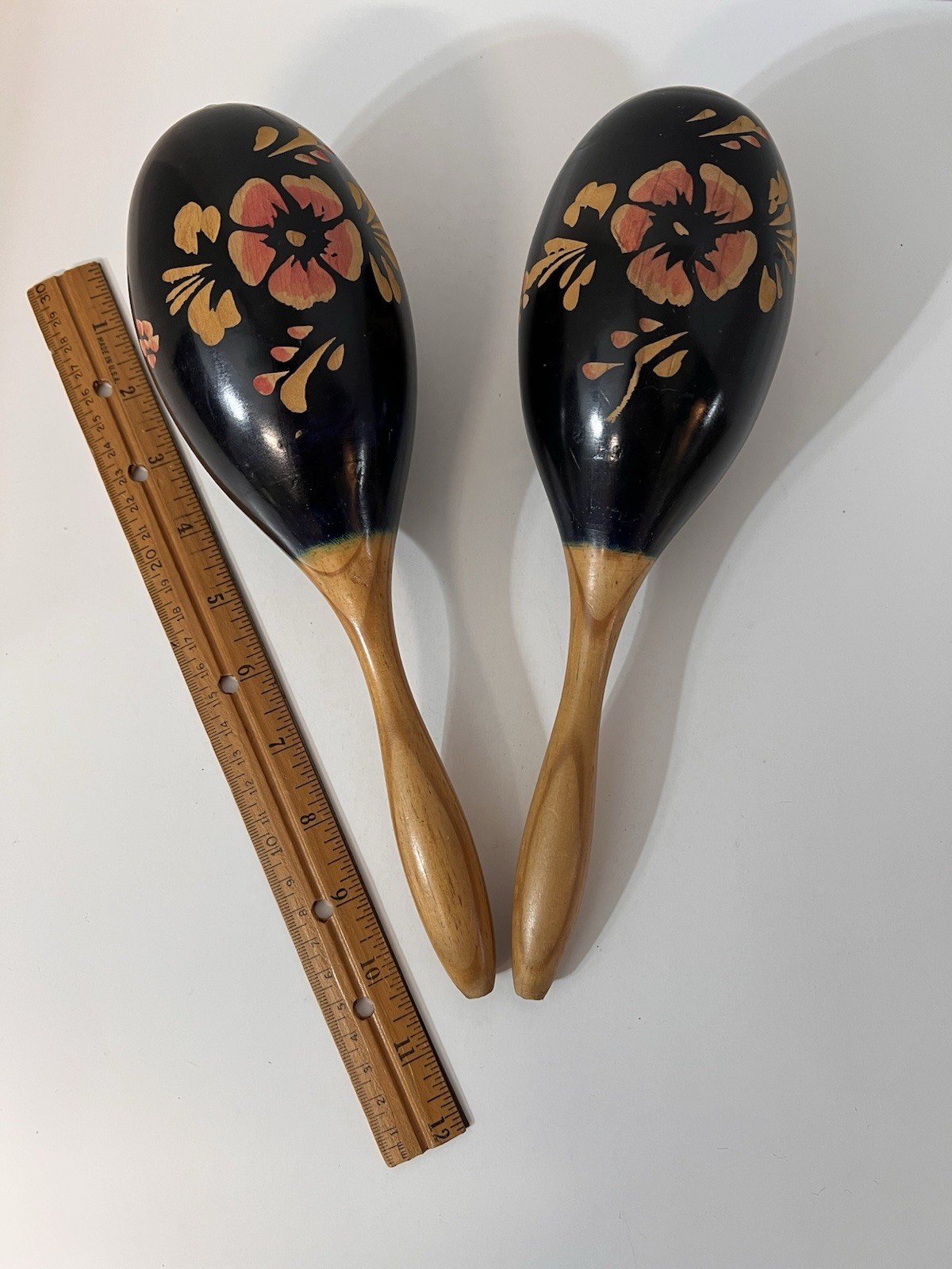 Pair Of Wood Maracas Percussion Handheld Instruments Carved Wood Hibiscus Flower