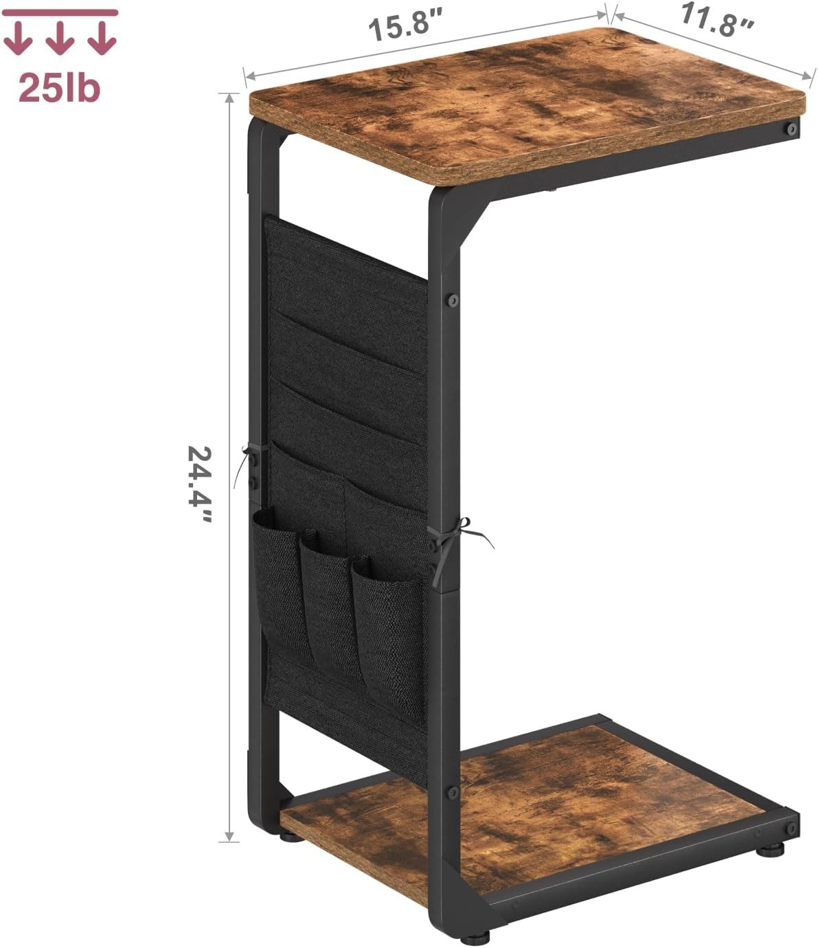 Narrow C-Shaped End Table W/ Storage Bag Small Couch Side Table Sofa TV Tray