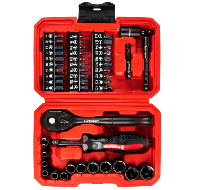 Juego de 48 piezas, llave de trinquete mini 1/4", vasos métricos, 72 dientes.