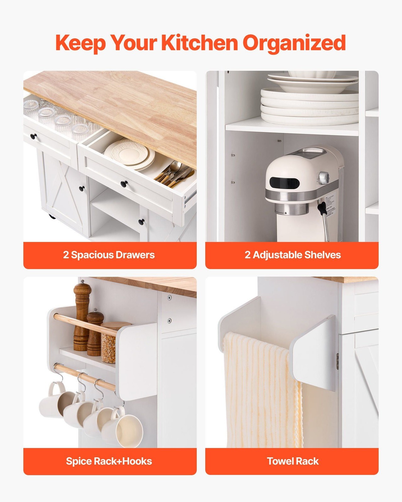 52in Rolling Kitchen Island Cart Storage Cabinet Table with Drawer & Drop Leaf