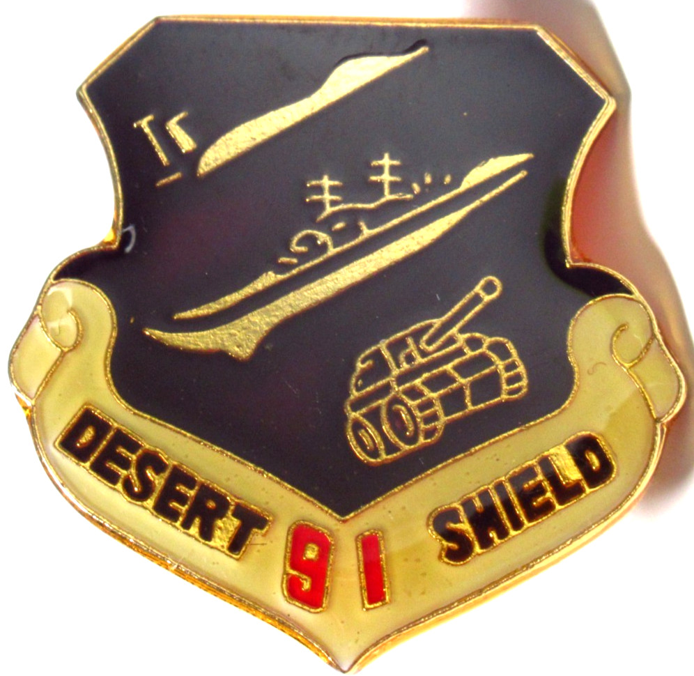 Desert Shield 91 Lapel Pin Black Enamel Military Tank Emblem Vintage
