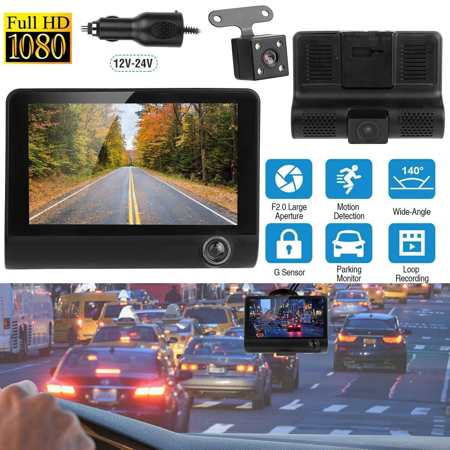 1080P HD Dual Lens Car DVR Dash Camera Rearview Video Cam Recorder G-Sensor 4"