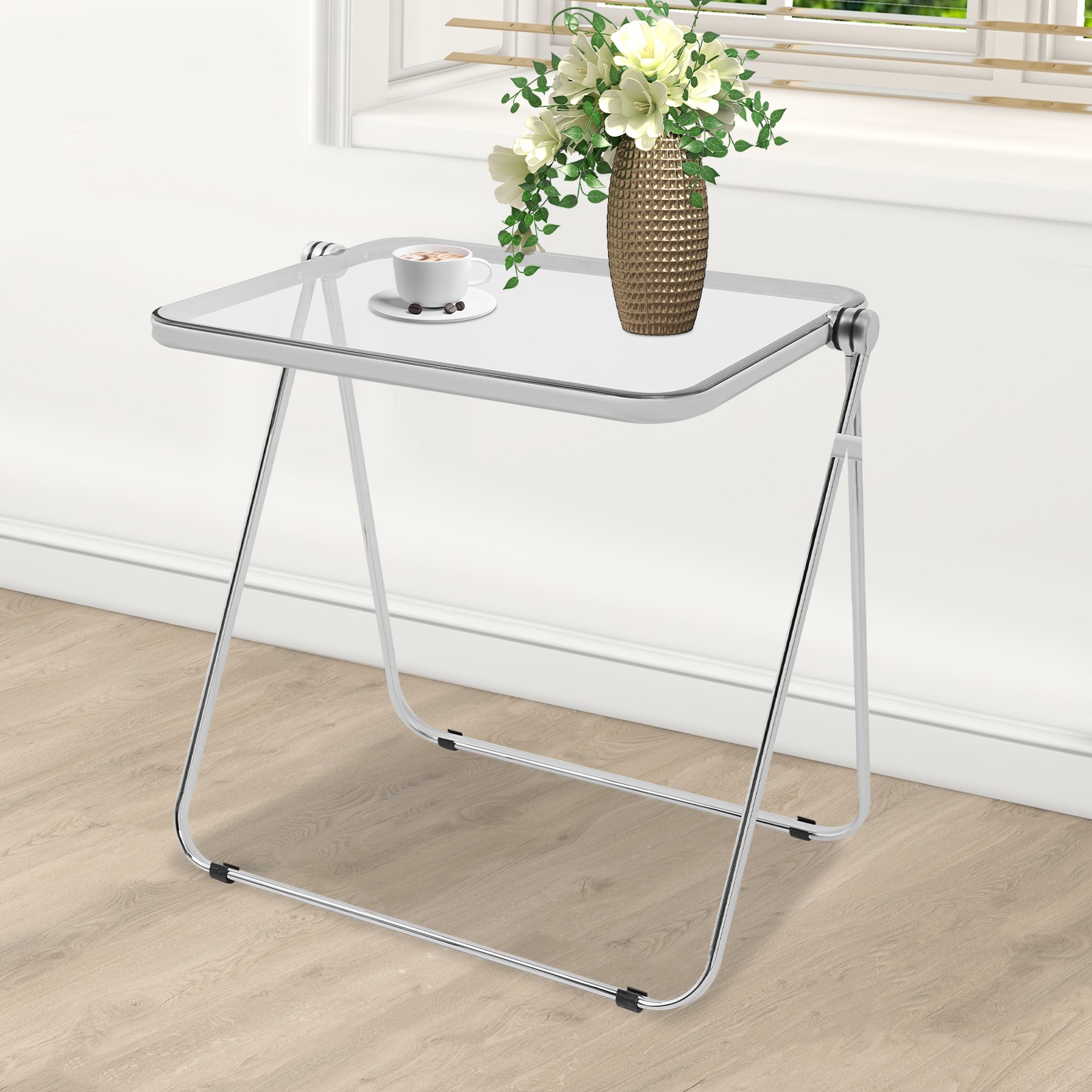 Silver& Clear Foldable Side Table Tiny Computer Desk for Home Office Indoor
