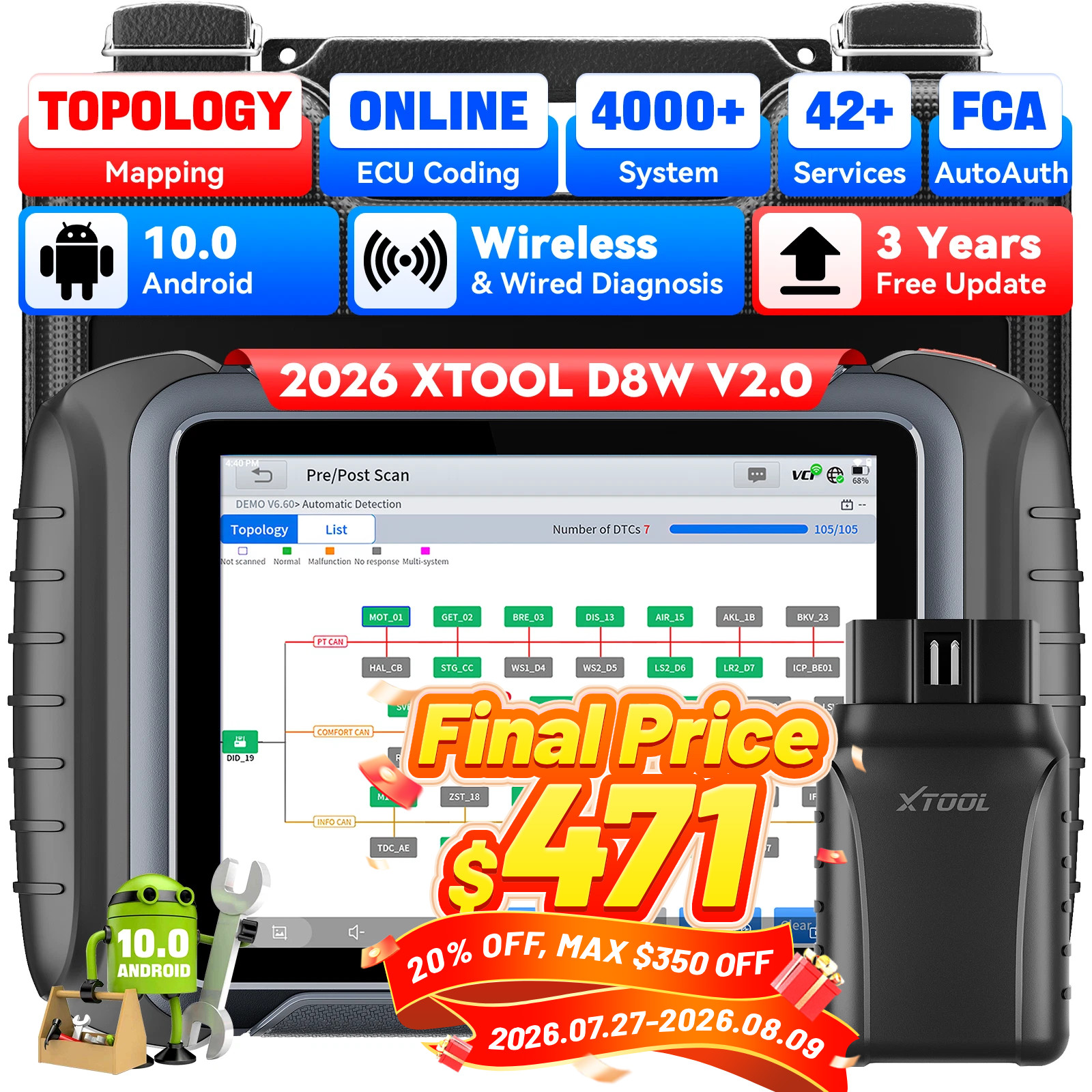 2026 XTOOL D8W V2.0 Auto Diagnostic Tool FCA Scanner Key Programmer Topo Mapping