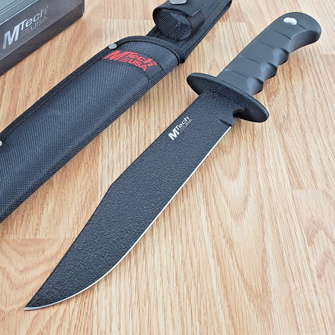 MTech Bowie Fixed Knife 8.63" 440 Steel Blade Black Finger Grooved Rubber Handle