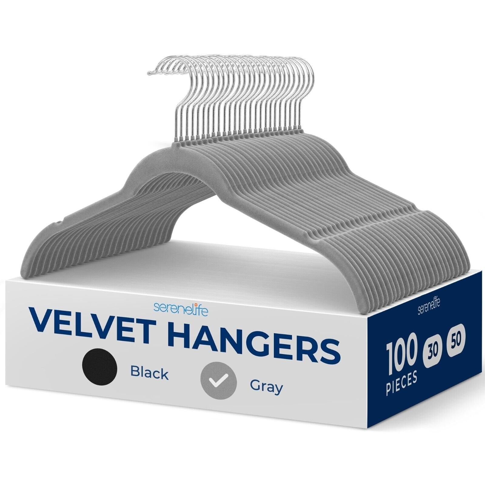 Serenelife 100-Pcs Velvet Shirt Hangers-Non-Slip w/360° Swivel Hook (Gray)
