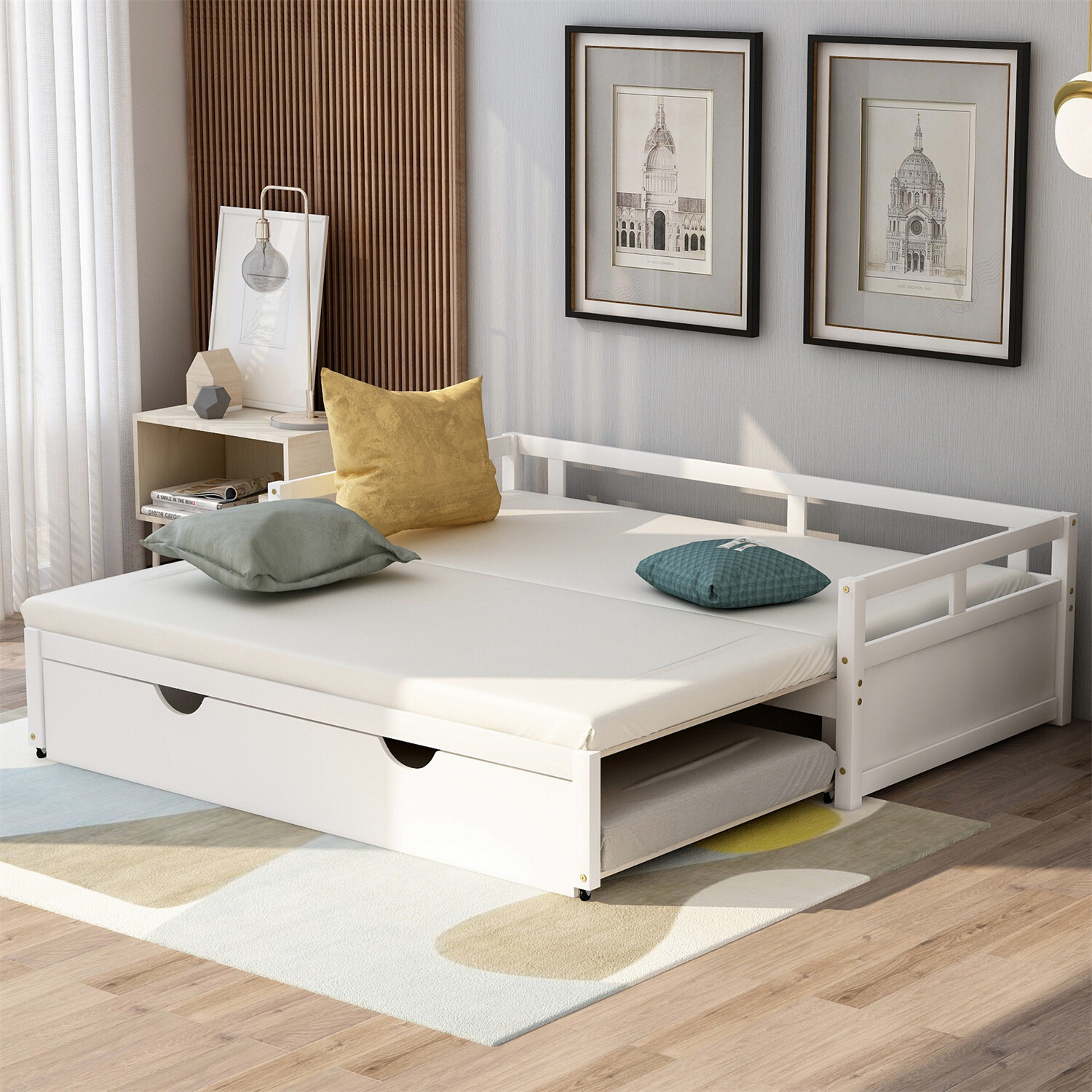 Twin Size Daybed Wooden Bed Frame Sofa Bed w/ Trundle Bed White/Gray/Espresso