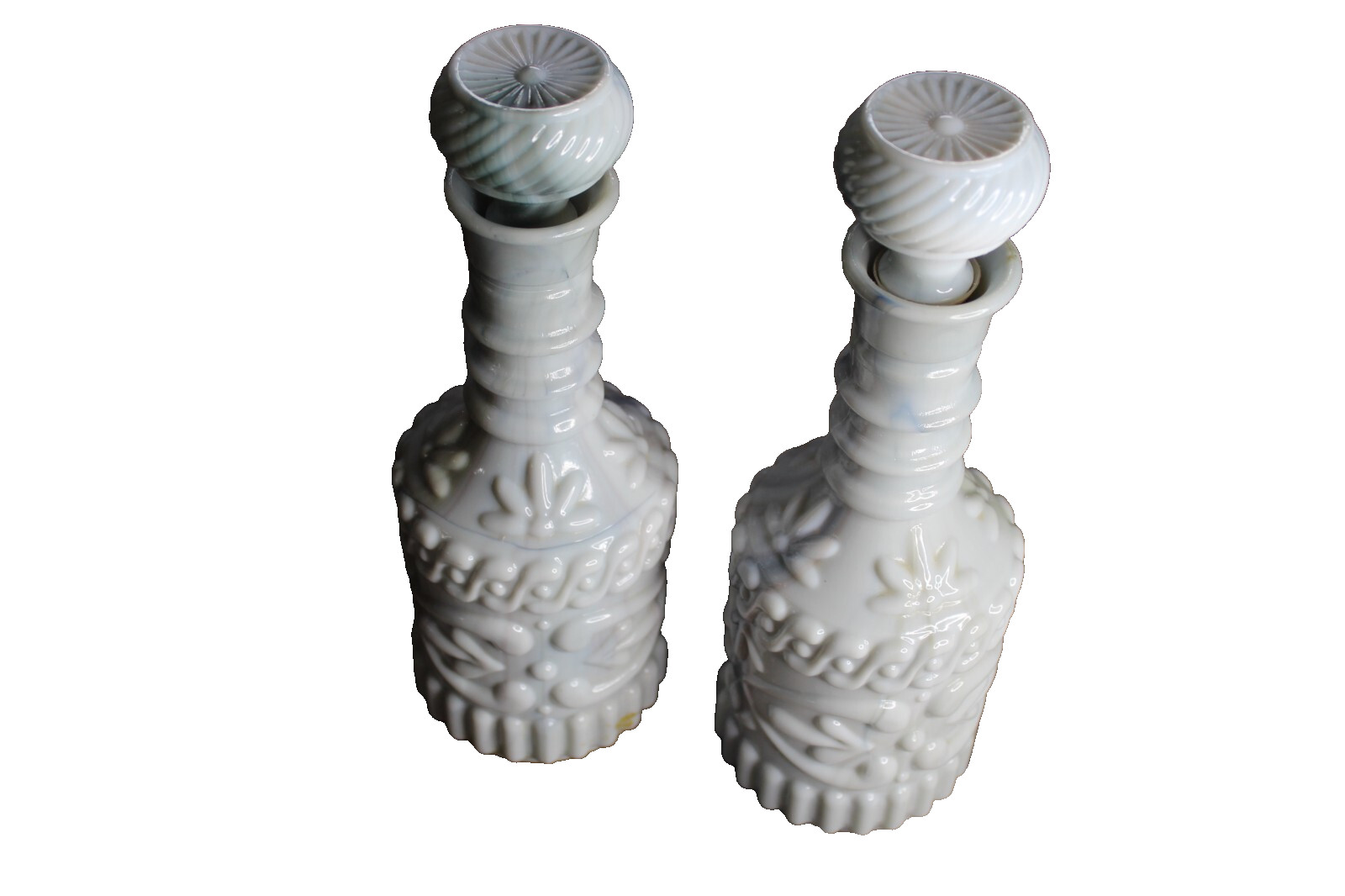 Vtg Jim Beam Liquor Tiki Decanters 1972 Gray White Milk Slag Glass Stopper HEAVY