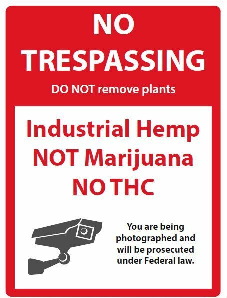 Industrial Hemp Sign No Trespassing No THC 1/8th Aluminum 12 X 18