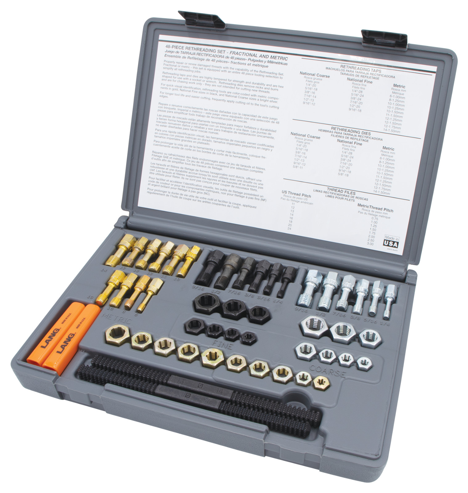 Lang 48pc Tap Die File Rethreading Set Metric NF-SAE NC-USS Thread Restore 971