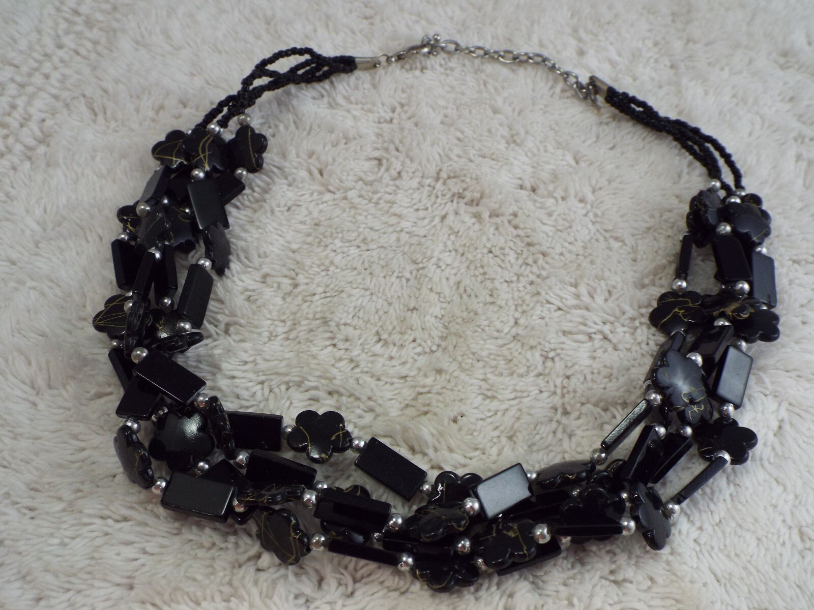 Silvertone Black Glass & Acrylic Bead Multi Strand Necklace (A7)