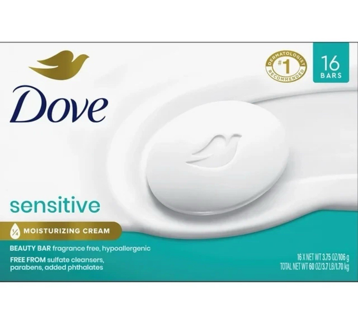 Dove Beauty Bar Sensitive 1/4 Moisturizing Cream Soap  3.75 oz - 16 Bars