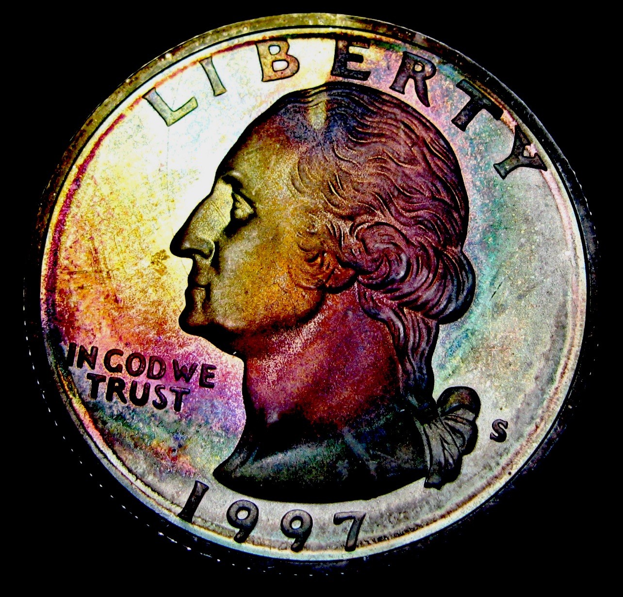 1997 S Washington Quarter Silver - GEM PROOF+ Colorful Toned - End Stage Toning