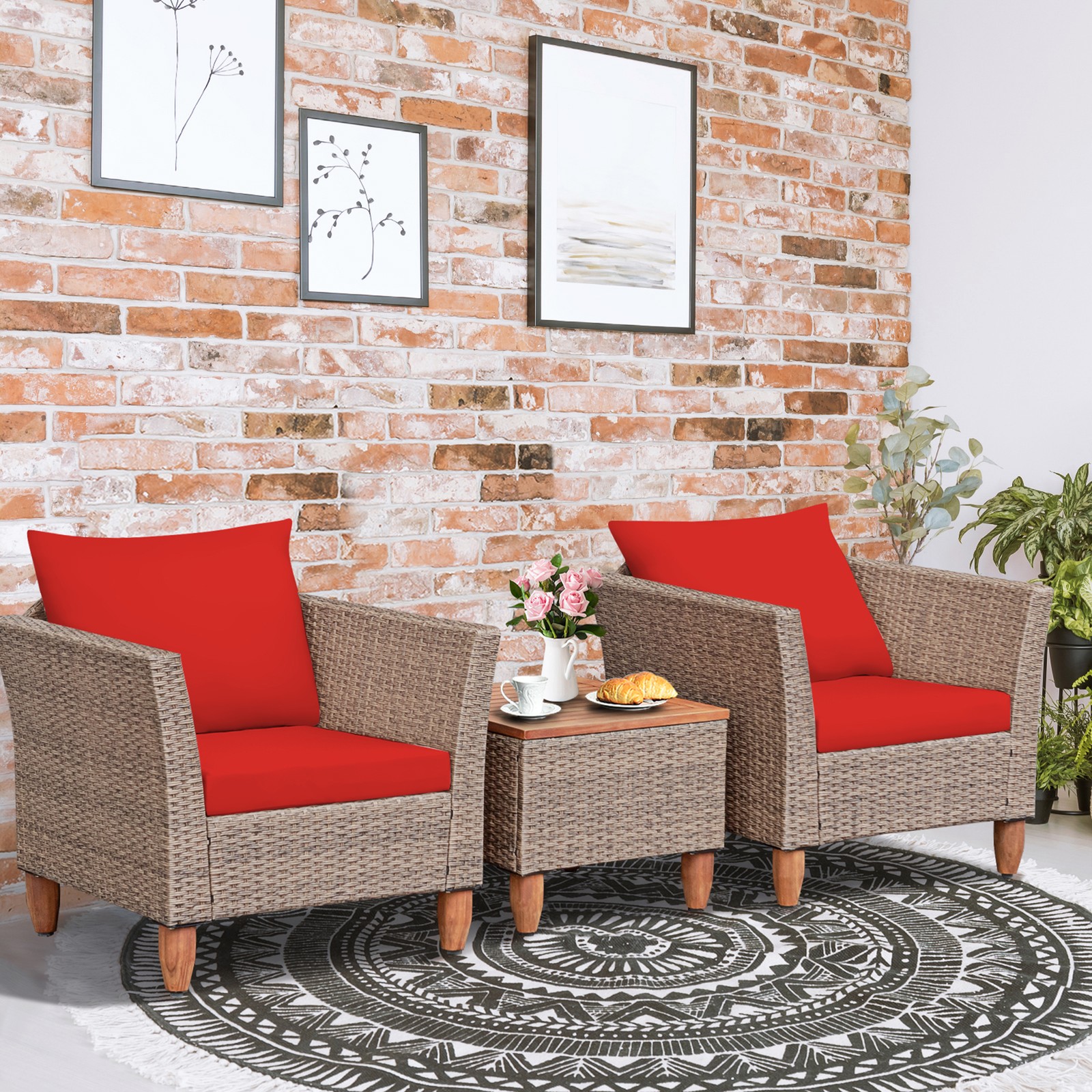 3PCS Rattan Patio Conversation Furniture Set w/ Wooden Feet Red Cushions
