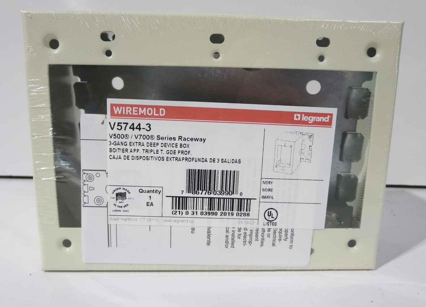 WIREMOLD V5744-3 V500/V700 SERIES RACEWAY 3-GANG EXTRA DEEP DEVICE BOX