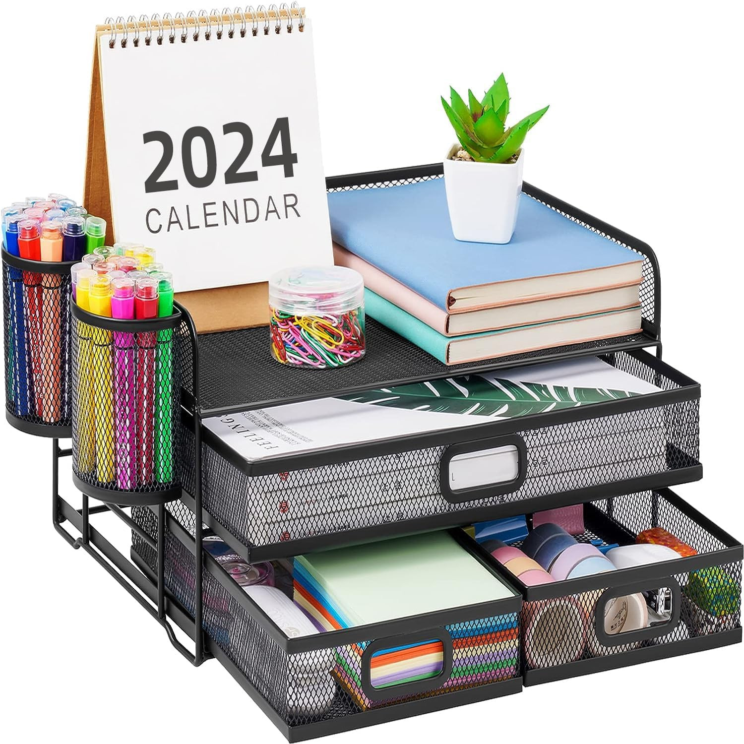 3 Tier Mesh Desk Organizer with Drawer, Multi-Functional Desk Organizers and Acc