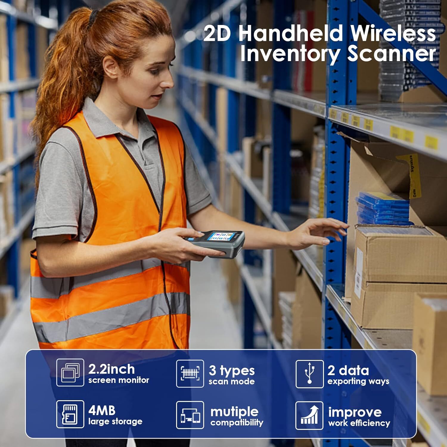 2.2in 1D 2D QR Wireless Barcode Scanner Data Collector Terminal Inventory Device