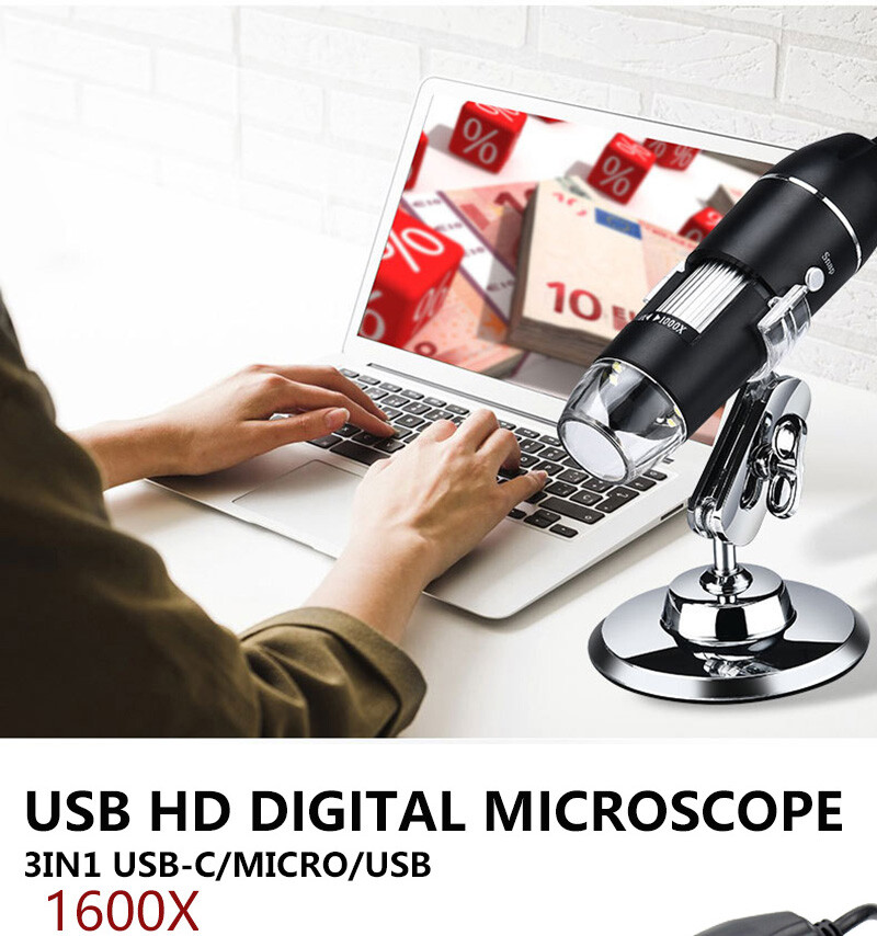 Real 1600X Digital Binocular Microscope USB Camera LED Android Phones Window PC