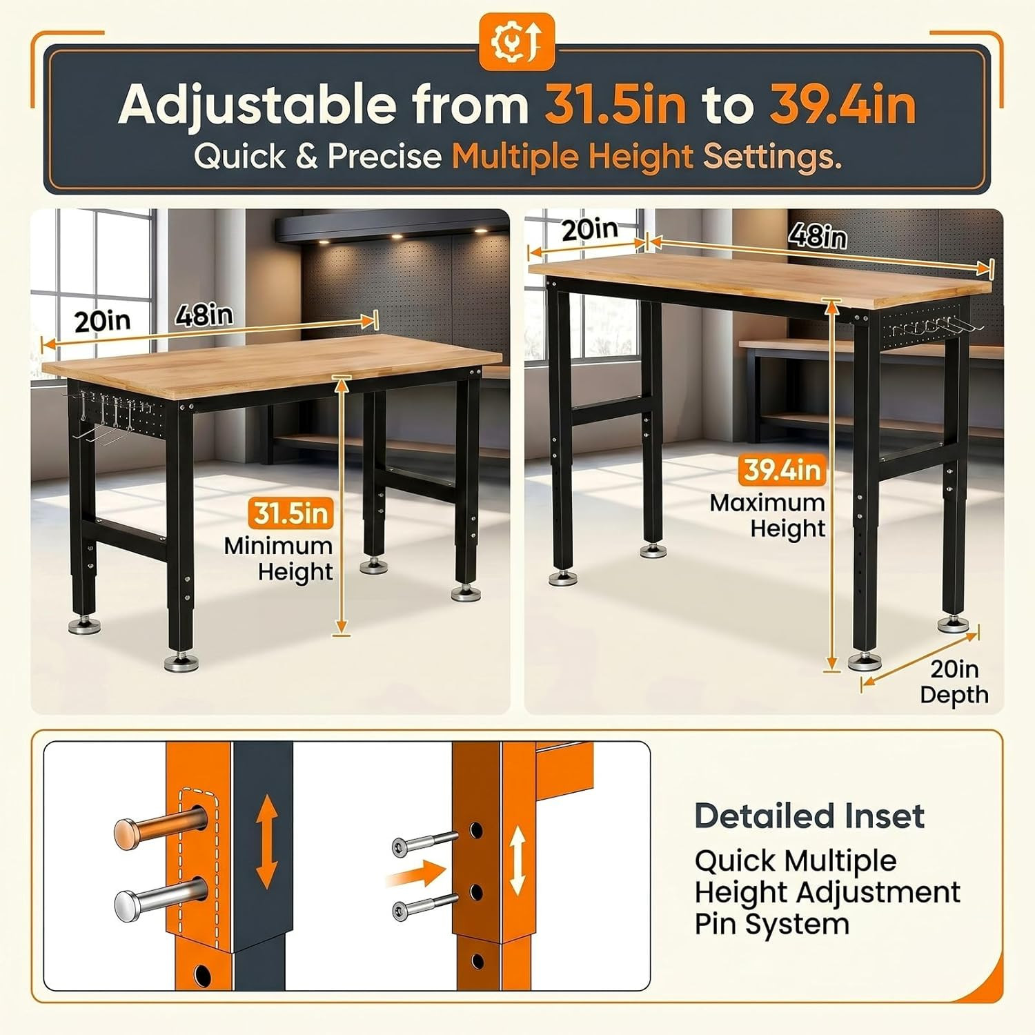 TLGREEN 48" Adjustable Workbench | Solid Rubberwood Top | 2000Lbs Heavy-Duty Wor