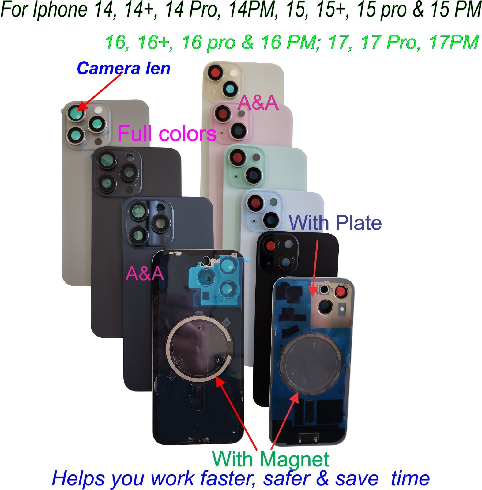 Back Glass replacement with Magnet, Camera len, plate for Iphone 14 15 16 17PM